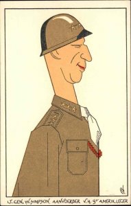 WWII US Lt. General William Hood Simpson Caricature Vintage Propaganda Postcard