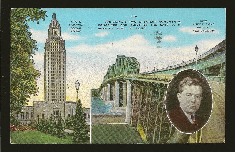 USA Postmark 1946 New Orleans LA Louisiana State Capitol Sen Long Linen Postcard