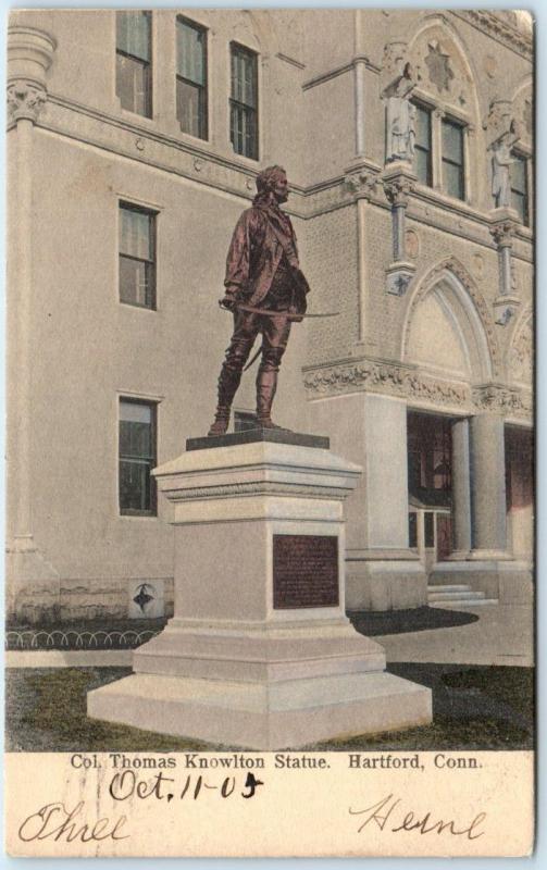 HARTFORD, Connecticut CT  Handcolored   THOMAS KNOWLTON STATUE 1905 Postcard