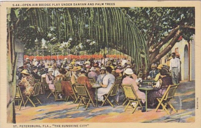 Florida St Petersburg Open Air Bridge Play Under Banyan and Palm Trees Curteich