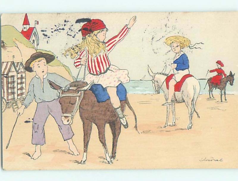 1907 foreign signed GIRL RIDING PONY HORSE WAVES TO HER FRIEND HL8172