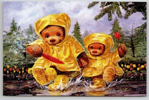 FUNNY TEDDY BEAR in Raincoat Rein Umbrella by Bindon New Unposted Postcard