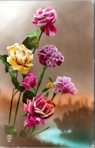 postcard - floral - Roses and Carnations