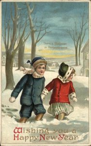 New Year Children Running in Snow c1910 Vintage Postcard