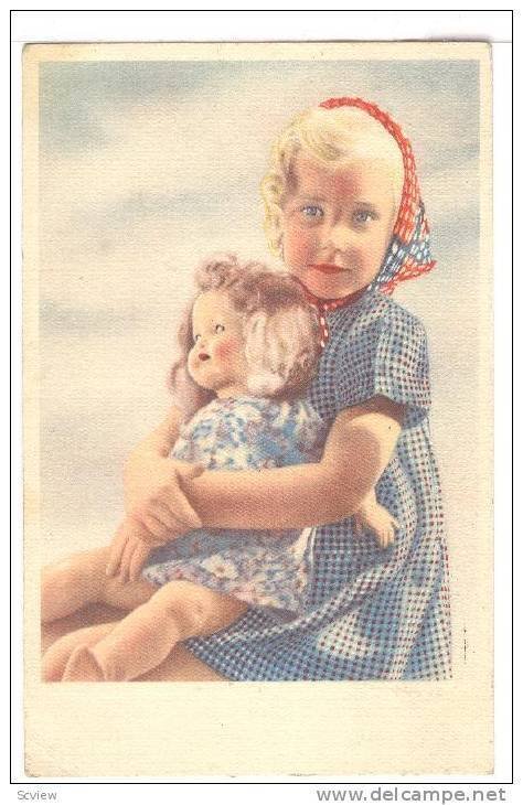 Blond girl holding doll on lap, PU