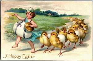 Happy Easter Chicks Marching, Child with Egg as Drum Embossed c1909 Postcard U12