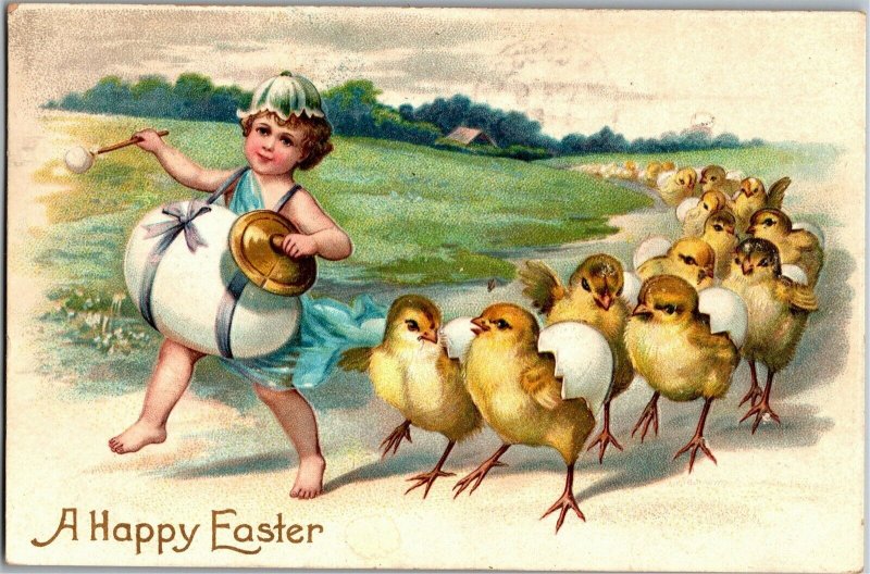 Happy Easter Chicks Marching, Child with Egg as Drum Embossed c1909 Postcard U12