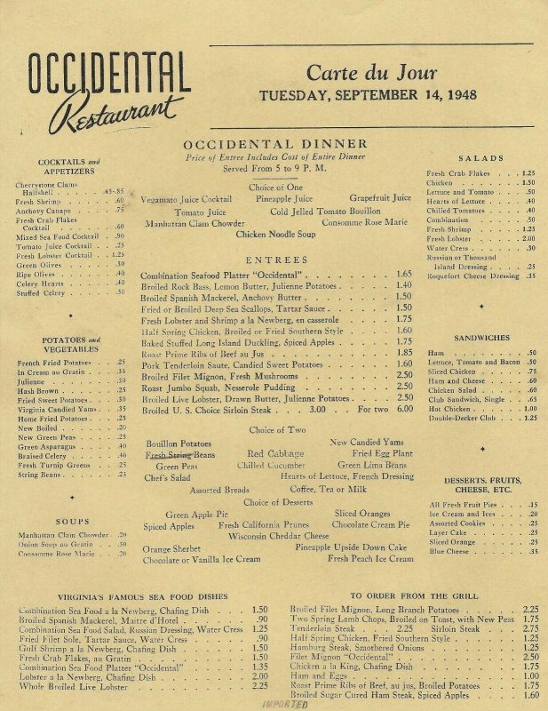 MK-072 Washington DC Occidental Dinner Menu September 14 1948 Restaurant Vintage