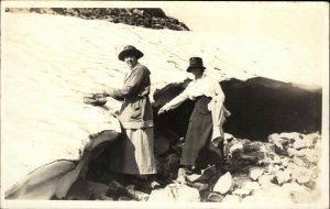 Alaska? Women at Glacier.  Getting Worms? c1920 Real Photo Postcard