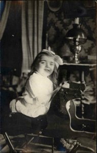 Little Girl Toy Rocking Horse 1915 Amateur Real Photo Postcard