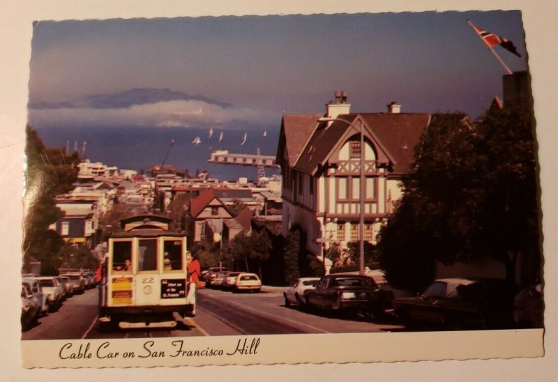 Vintage Postcard San Francisco cable car Hyde Street old autos ocean view ships