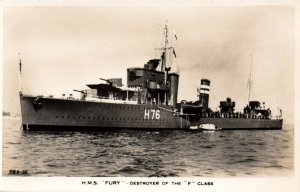 RPPC Photo British Royal Navy HMS Fury (H76) Destroyer War