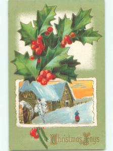 Pre-Linen christmas SNOW-COVERED HOUSE WITH WATERWHEEL PLUS HOLLY J1369