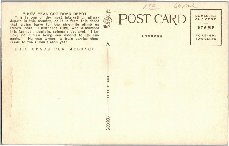 Pike's Peak Cog Road Railroad Depot Manitou CA Vintage Postcard T38