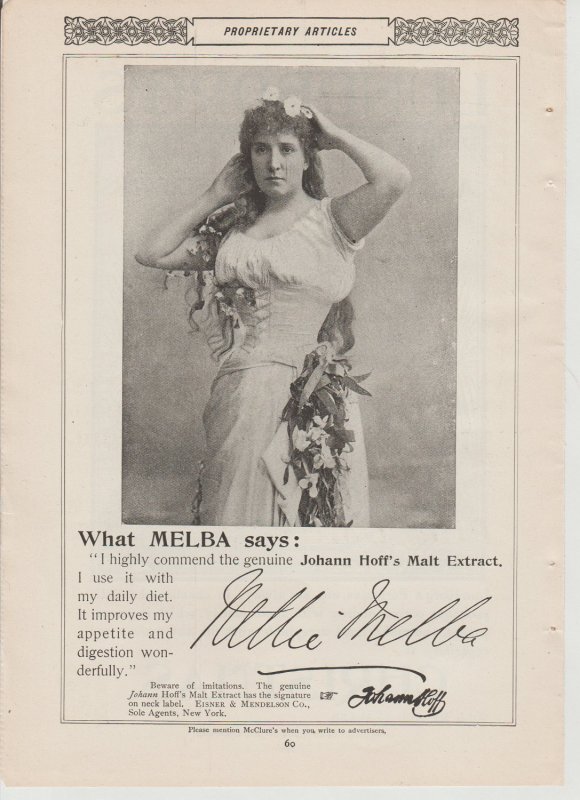 1895 Print Ad Opera Singer Nellie Melba~Johann Hoff's Malt Extract for D...