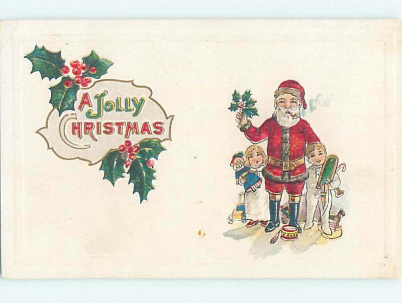 Pre-Linen christmas BOY AND GIRL STAND ON EACH SIDE OF SANTA CLAUS hr2974