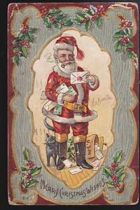 1909 postcard- His Busy Day- Santa Claus looking at envel...