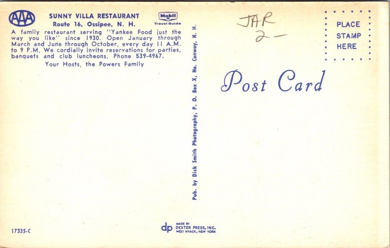 Sunny Villa Restaurant Streetview Route 16 Ossipee New Hampshire Chrome Postcard 