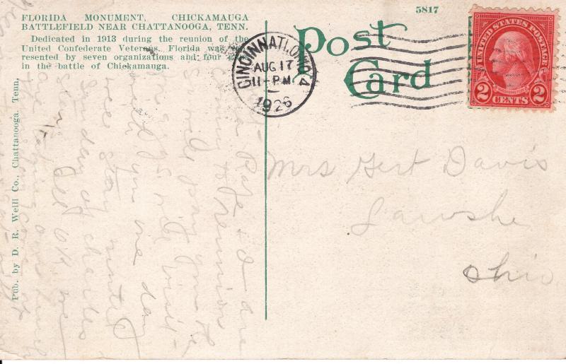 US    PC1780 FLORIDA STATE MONUMENT, CHICKAMAUGA, TENN