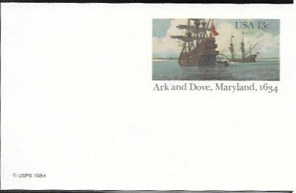 US Postcard mint - Ark and Dove, Maryland,1634.   Issued in 1984.  Ships.