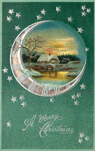 Postcard Christmas Silver Crescent Moon Village Germany Made C 1907 Unposted 