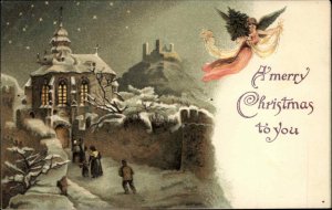 Christmas Angel Flying Above Winter Church Scene Embossed c1910 Postcard
