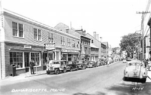 Damariscotta ME Busy Street Scene Storefronts Bowling, Real Photo Postcard