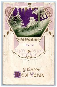 New Year Postcard Children Sledding Bird Winter Scene Embossed c1910's Antique
