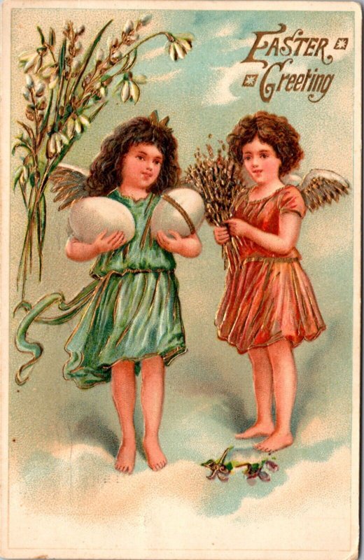 Easter Postcard Two Angels Standing in the Clouds with Eggs, Wheat, Flower