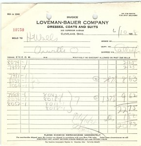 1938 LOVEMAN-BAUER CO. CLEVELAND OH DRESSES COATS SUITS BILLHEAD INVOICE Z1188