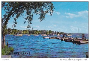 Boats docked on Green Lake, Deepest Lake in Wisconsin, 40-60s