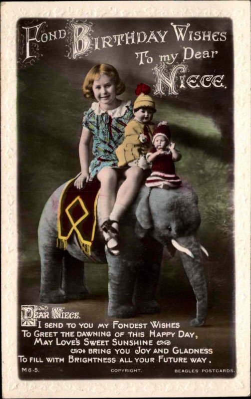 Birthday Girl Giant Stuffed Toy Elephant Antique Dolls Vintage Tinted RPPC PC