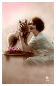 1918 Pretty Lady with Cute Little Dog, Colored, French Postcard