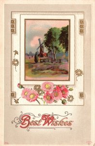 Best Wishes Greetings Card Countryside Windmill Nature Flowers, Vintage Postcard