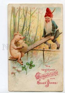 3035916 Funny GNOME w/ PIG on SWING. Vintage X-MAS PC