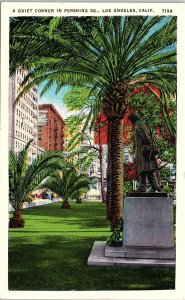1930s LOS ANGELES CALIFORNIA PERSHING SQUARE PALMS STATUE LINEN POSTCARD 42-138
