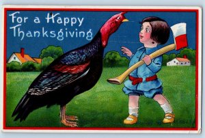 Green Kansas KS Postcard Thanksgiving Little Boy With Hatchet Turkey Silk 1912