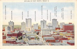 Fort Worth Texas Named Buildings on Skyline 1950s linen postcard