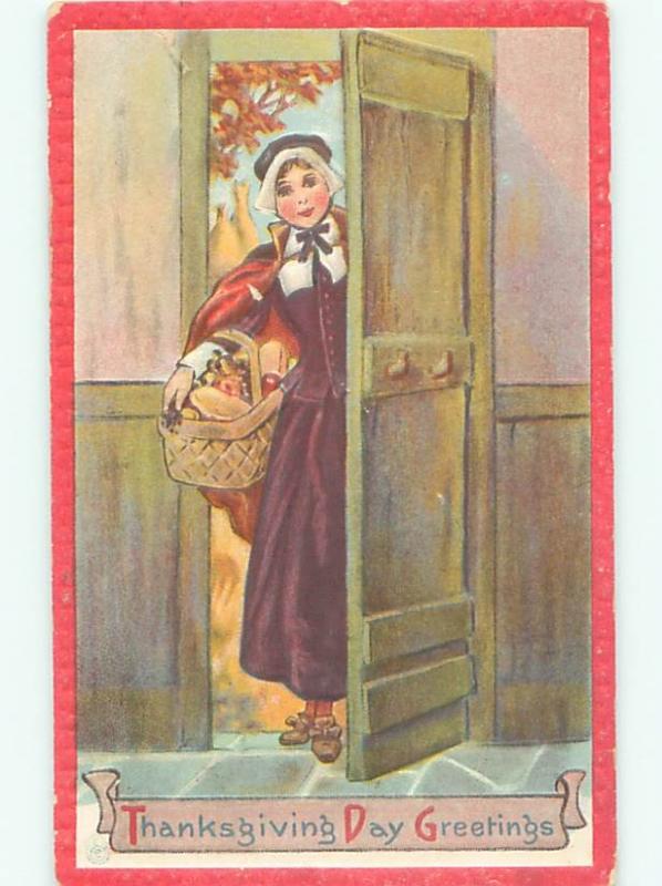 Pre-Linen Thanksgiving PILGRIM WOMAN WITH FOOD IN THE BASKET AB4303