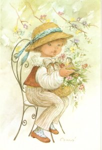 Maria Baró.  Little girl with bird Nice modern French Postcard