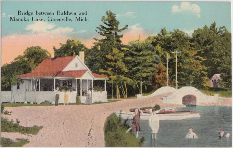 Michigan MI Postcard c1910 GREENVILLE Baldwin and Manoka Lake BRIDGE Boat