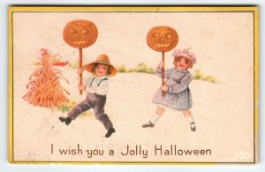Halloween Postcard Gibson Children Hold JOL Pumpkin Heads Haystack Unused