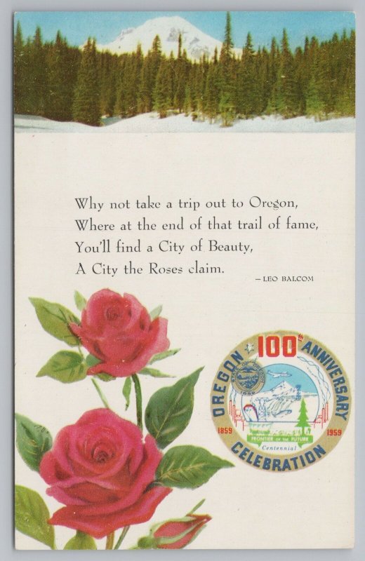 Expo~Oregon Centennial Trip To Oregon Poem Roses & Mt Hood~Vintage Postcard 