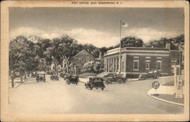 East Greenwich Rhode Island RI Post Office Classic Cars Vintage Postcard