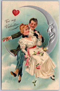 Vtg To My Valentine Couple Silver Crescent Moon Embossed 1910s PFB Postcard