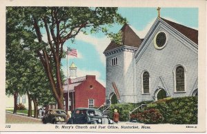 Nantucket MA, St. Mary's Church, Post Office, Cars, Teich Linen 1940's