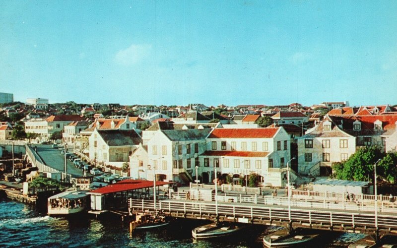 Vintage Postcard Ontrabande Ship Pontoon Bridge Curacao Willemstad Neth Antilles