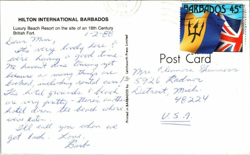 Hilton International Barbados Luxury Beach Resort British Fort Postcard Cancel 