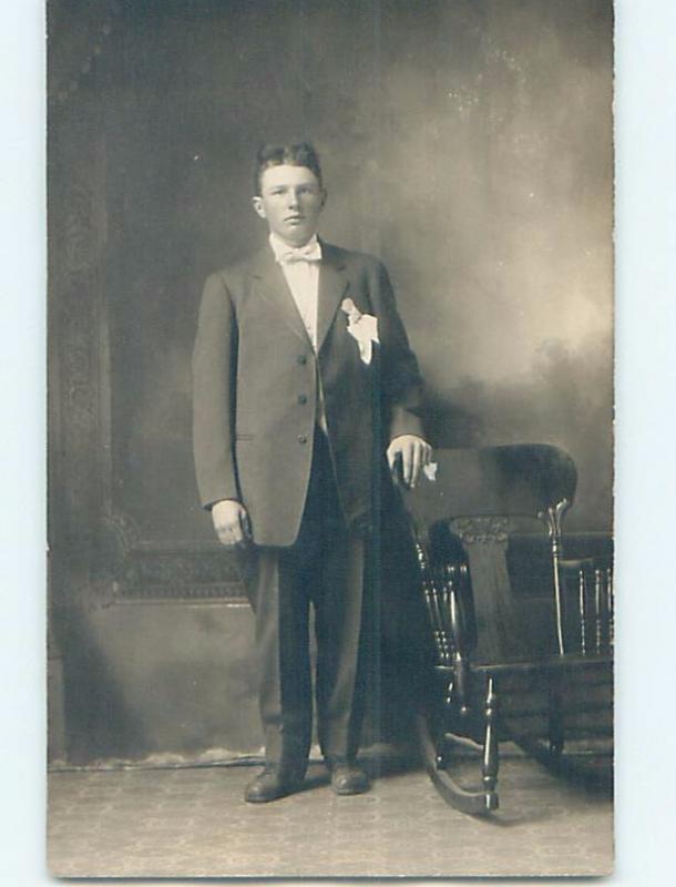 Pre-1924 rppc HANDSOME MAN IN SUIT BY ROCKING CHAIR - GAY INTEREST HM0731
