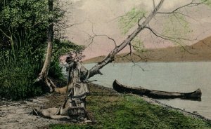 c1910 Deerslayer Viewing Victim Gravelly Point Otsego Lake New York Postcard 